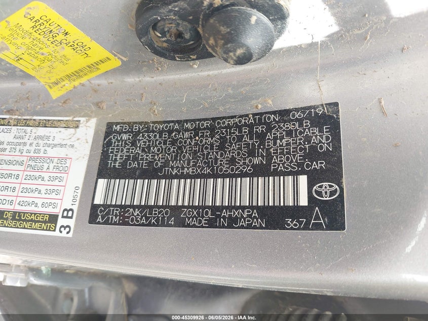 2019 Toyota C-hr VIN JTNKHMBX4K1050296 IAAI salvage auction — ROLLOVER, Salvage Title, sold $1,000 on 2026-07-28 (photo 9)