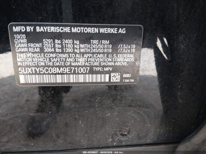 2021 BMW X3 VIN 5UXTY5C08M9E71007 IAAI salvage auction — RIGHT SIDE, Salvage Title, sold $7,900 on 2026-09-07 (photo 9)