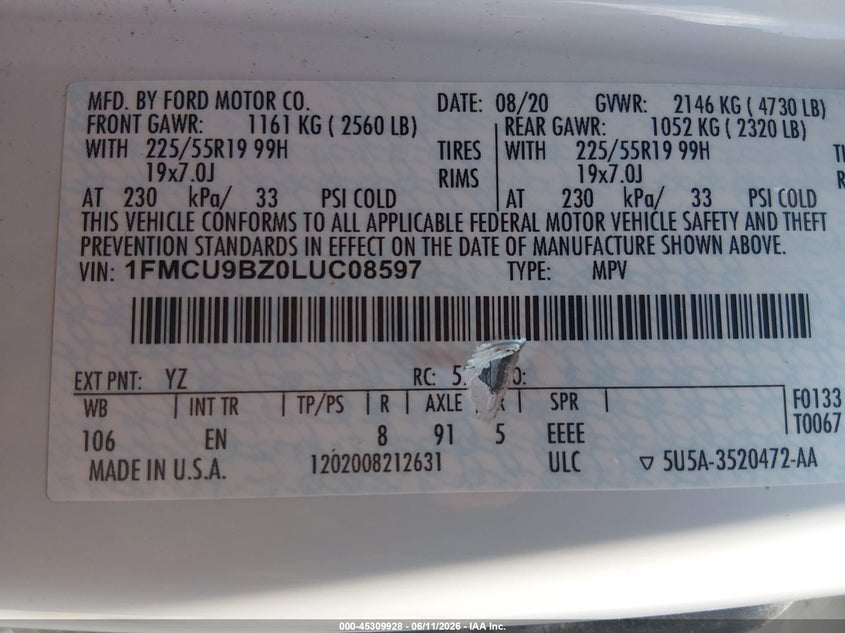 2020 Ford Escape VIN 1FMCU9BZ0LUC08597 IAAI salvage auction — FRONT & REAR, Salvage Title, sold $7,300 on 2026-08-23 (photo 9)