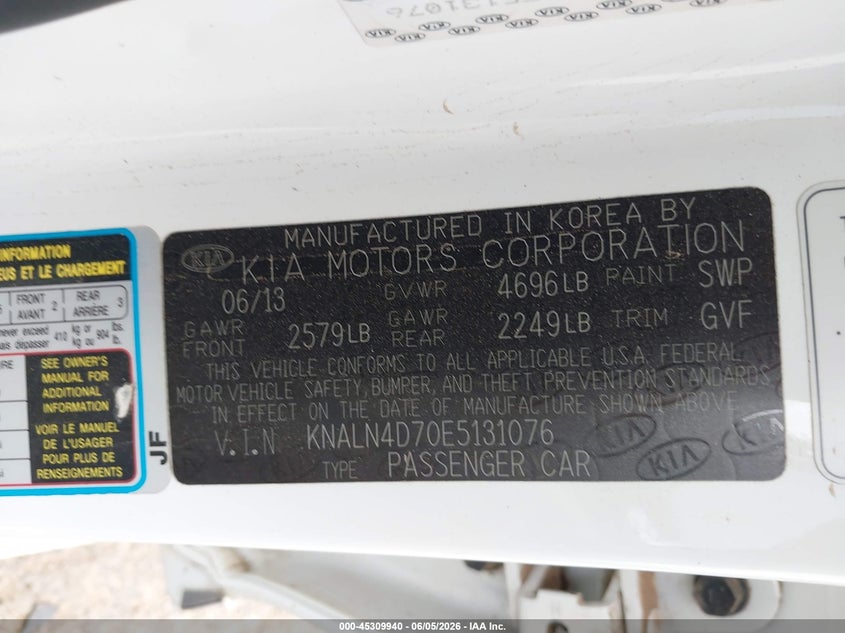 2014 Kia Cadenza VIN KNALN4D70E5131076 IAAI salvage auction — FRONT END, Salvage Title, sold $1,050 on 2026-07-21 (photo 9)
