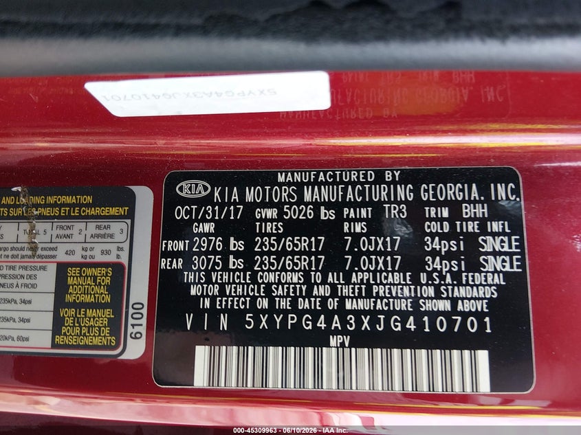 2018 Kia Sorento VIN 5XYPG4A3XJG410701 IAAI salvage auction — ROOF, Salvage (South Carolina), sold $2,100 on 2026-07-08 (photo 9)