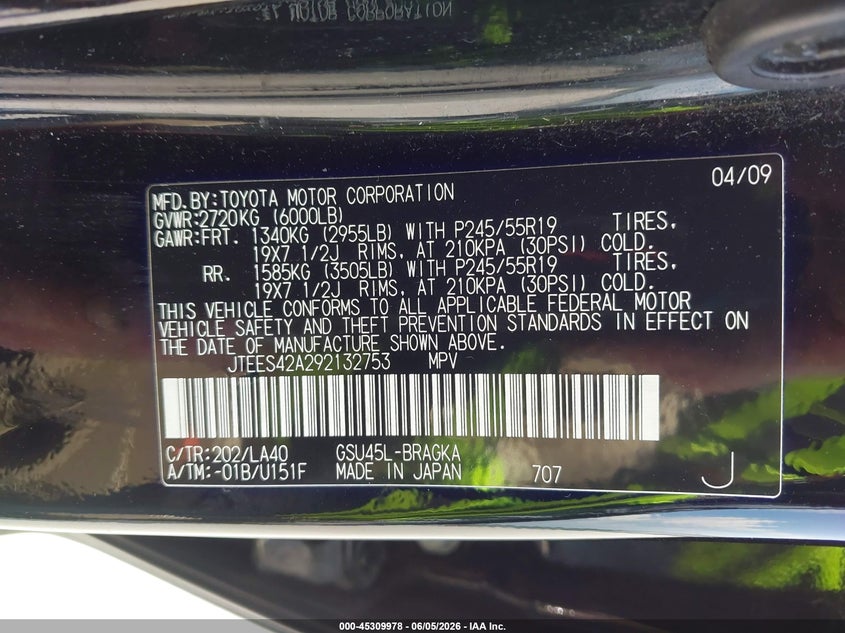 2009 Toyota Highlander VIN JTEES42A292132753 IAAI salvage auction — RIGHT SIDE, Certificate Of Title (Nebraska), sold $1,900 on 2026-07-16 (photo 9)