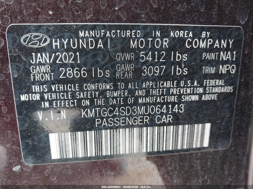 2021 Genesis G80 VIN KMTGC4SD3MU064143 IAAI salvage auction — FRONT END, Salvage Title, sold $11,400 on 2026-08-05 (photo 9)