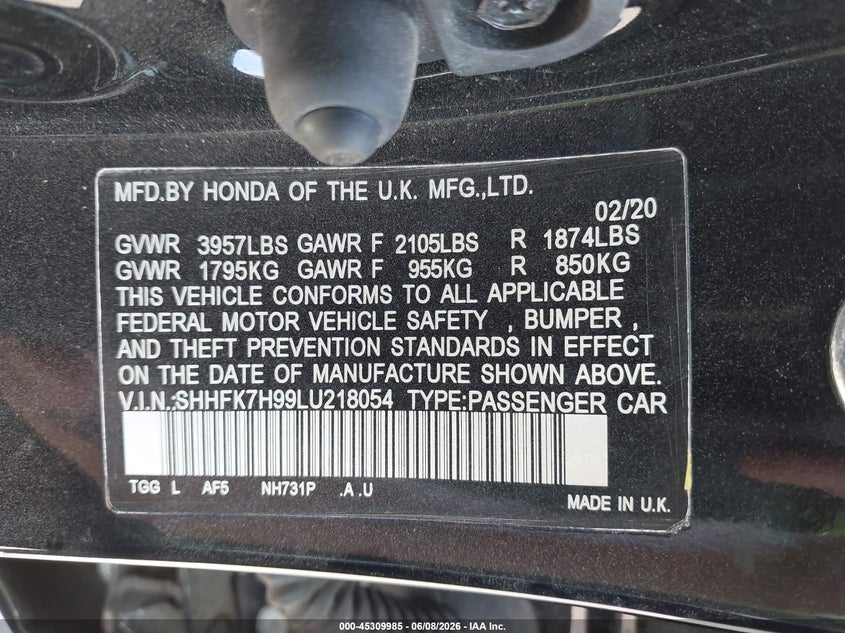 2020 Honda Civic VIN SHHFK7H99LU218054 IAAI salvage auction — FRONT END, Salvage (Ohio), sold $6,150 on 2026-07-20 (photo 9)