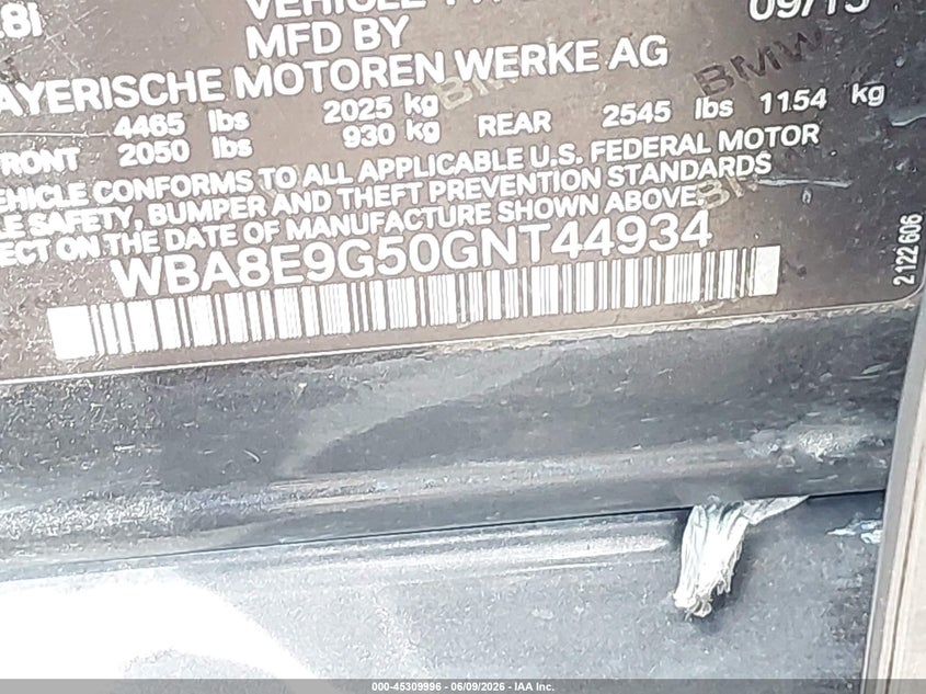 2016 BMW 3er VIN WBA8E9G50GNT44934 IAAI salvage auction — REAR END, Original (Texas), sold $25 on 2026-07-28 (photo 9)