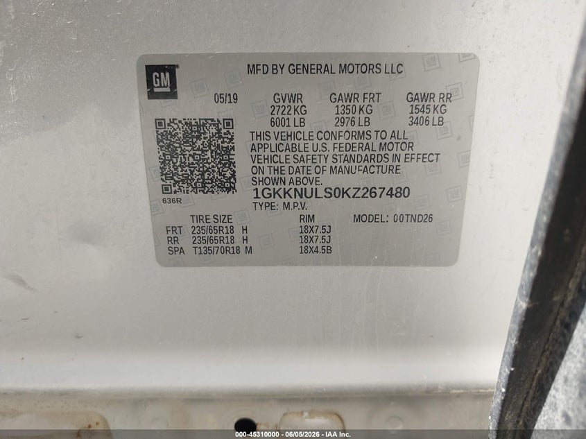2019 Gmc Acadia VIN 1GKKNULS0KZ267480 IAAI salvage auction — FRONT END, Salvage Title, sold $900 on 2026-08-24 (photo 9)