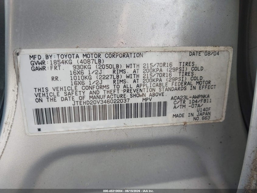 2004 Toyota Rav4 VIN JTEHD20V346022037 IAAI salvage auction — NORMAL WEAR, Clear (Massachusetts), sold $400 on 2026-07-09 (photo 9)