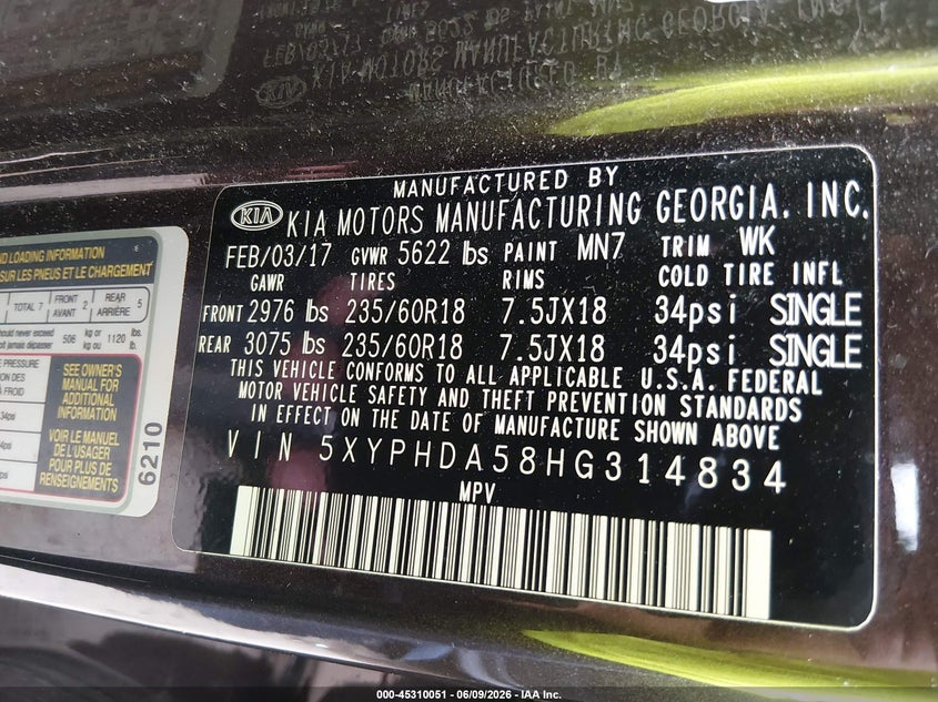 2017 Kia Sorento VIN 5XYPHDA58HG314834 IAAI salvage auction — REAR END, Salvage Title, sold $3,675 on 2026-07-14 (photo 9)