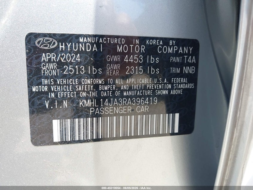 2024 Hyundai Sonata VIN KMHL14JA3RA396419 IAAI salvage auction — LEFT SIDE, Salvage Title, sold $5,850 on 2026-07-15 (photo 9)