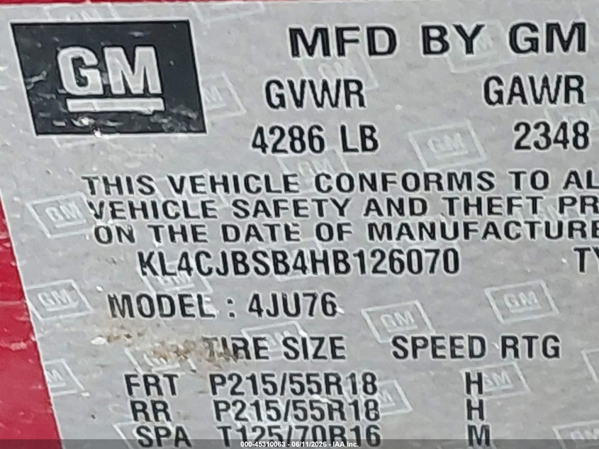 2017 Buick Encore VIN KL4CJBSB4HB126070 IAAI salvage auction — RIGHT FRONT, Salvage Title, sold $2,175 on 2026-09-11 (photo 9)