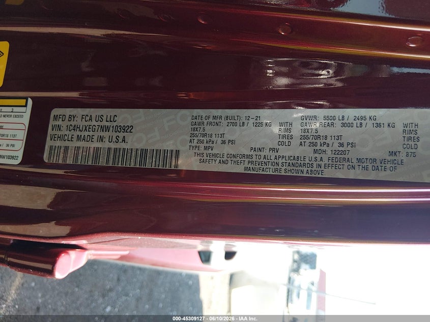 2022 Jeep Wrangler / VIN 1C4HJXEG7NW103922 IAAI salvage auction — UNKNOWN, Salvage (Tennessee), sold $14,100 on 2026-07-30 (photo 9)