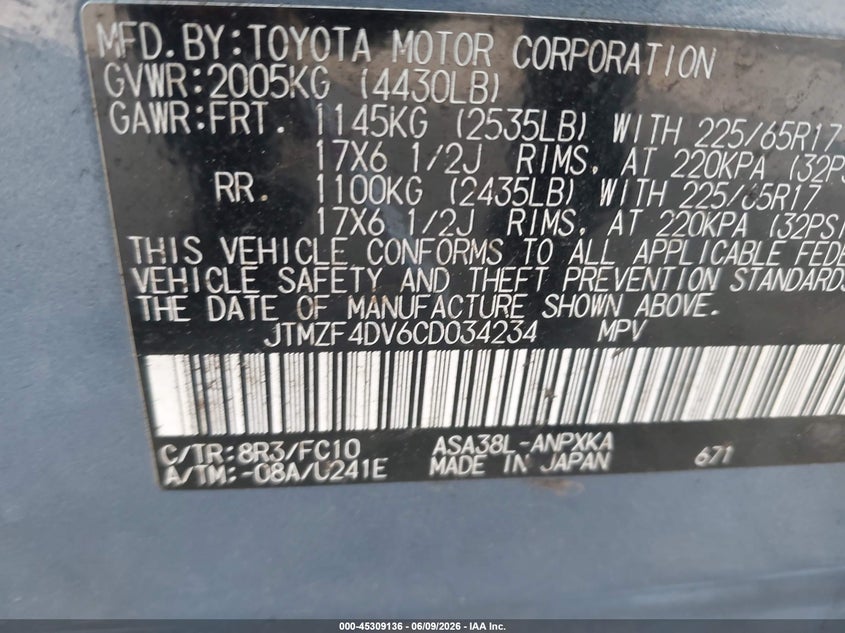 2012 Toyota Rav 4 VIN JTMZF4DV6CD034234 IAAI salvage auction — FRONT END, Salvage Title, sold $2,550 on 2026-07-06 (photo 9)