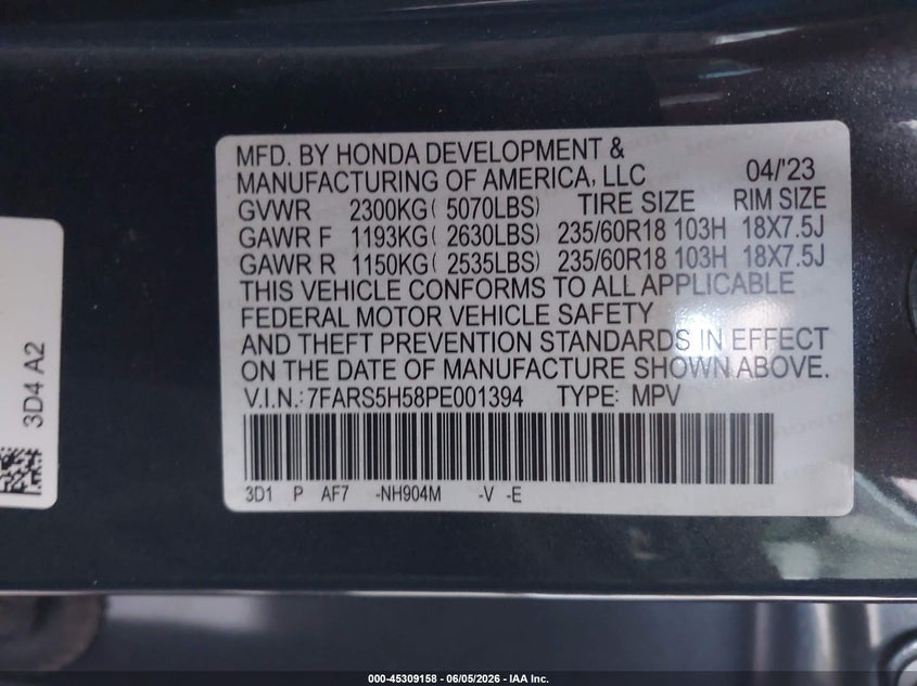 2023 Honda Cr-v VIN 7FARS5H58PE001394 IAAI salvage auction — FRONT END, Wait Title, sold $13,000 on 2026-08-01 (photo 9)
