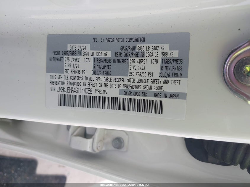 2025 Mazda Cx-70 VIN JM3KJEHA4S1114068 IAAI salvage auction — ROLLOVER, Salvage Title, sold $5,300 on 2026-07-28 (photo 9)