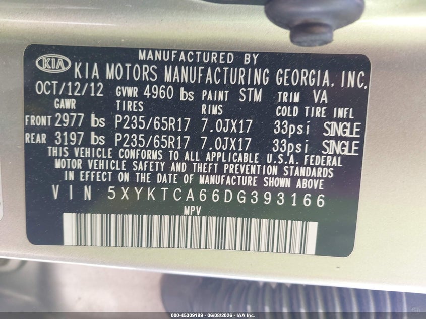 2013 Kia Sorento VIN 5XYKTCA66DG393166 IAAI salvage auction — RIGHT SIDE, Salvage (New Hampshire), sold $725 on 2026-07-31 (photo 9)