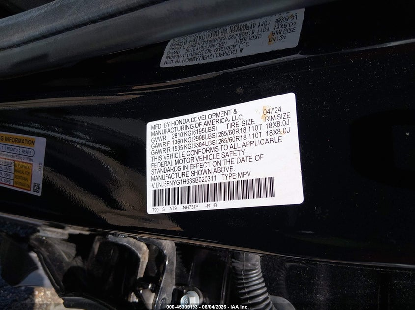 2025 Honda Pilot VIN 5FNYG1H63SB020311 IAAI salvage auction — SIDE, Salvage Title, sold $22,000 on 2026-08-01 (photo 9)