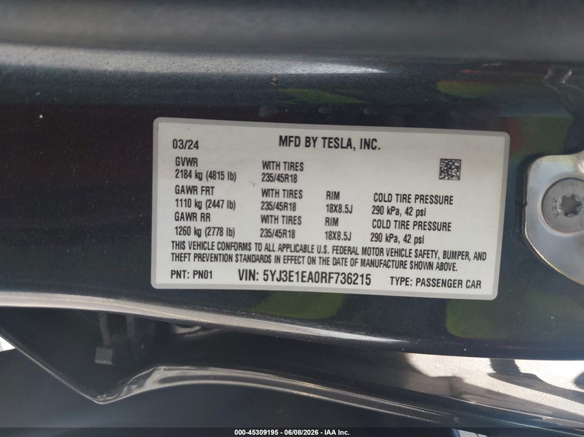 2024 Tesla Model 3 VIN 5YJ3E1EA0RF736215 IAAI salvage auction — FRONT END, Salvage Title, sold $10,000 on 2026-08-02 (photo 9)