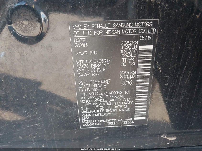 2020 Nissan Rogue VIN KNMAT2MT6LP505161 IAAI salvage auction — REAR END, Salvage (Massachusetts), sold $1,800 on 2026-07-31 (photo 9)