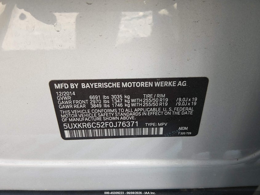 2015 BMW X5 VIN 5UXKR6C52F0J76371 IAAI salvage auction — RIGHT FRONT, Clear-Dealer Only (Michigan), sold $3,250 on 2026-07-08 (photo 9)