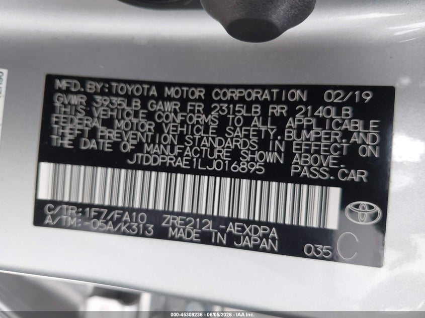 2020 Toyota Corolla VIN JTDDPRAE1LJ016895 IAAI salvage auction — REAR END, Salvage Title, sold $3,100 on 2026-07-16 (photo 9)