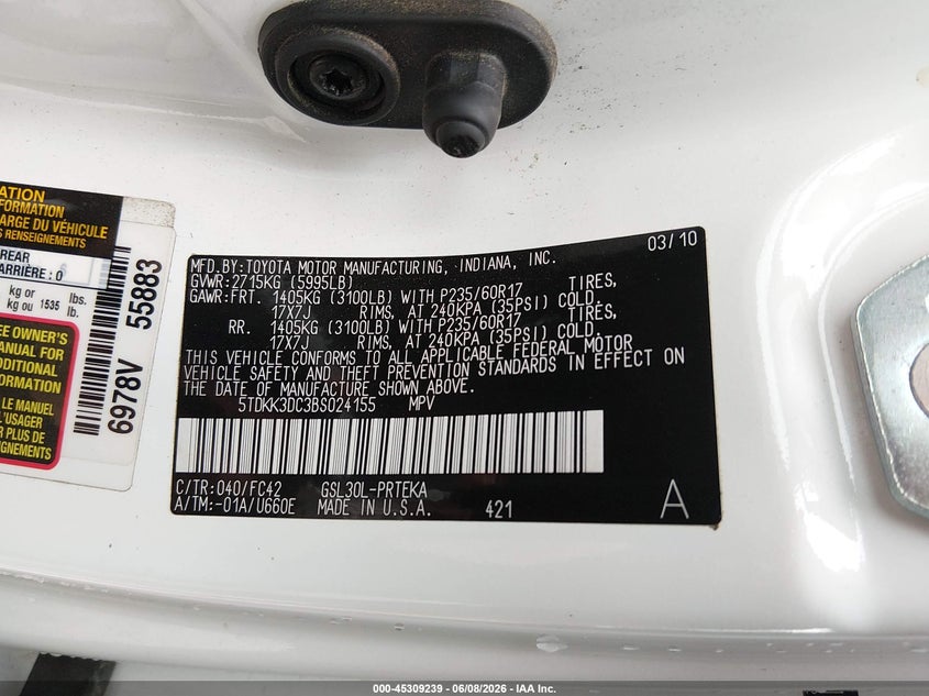2011 Toyota Sienna VIN 5TDKK3DC3BS024155 IAAI salvage auction — REAR END, Salvage (Missouri), sold $2,150 on 2026-07-06 (photo 9)