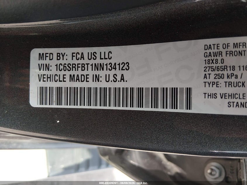 2022 Ram 1500 VIN 1C6SRFBT1NN134123 IAAI salvage auction — HAIL, Salvage Title, sold $12,050 on 2026-07-21 (photo 9)