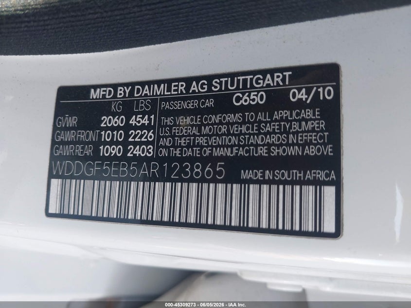 2010 Mercedes-benz C-klasse VIN WDDGF5EB5AR123865 IAAI salvage auction — REAR END, Salvage (Arizona), sold $375 on 2026-07-21 (photo 9)
