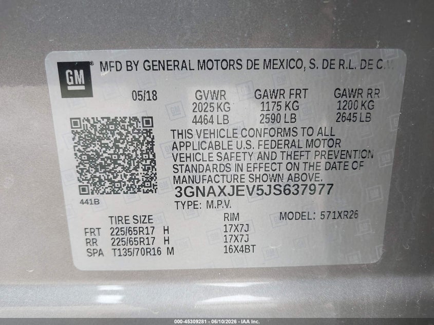 2018 Chevrolet Equinox VIN 3GNAXJEV5JS637977 IAAI salvage auction — FRESH WATER, Salvage Title, sold $825 on 2026-07-25 (photo 9)
