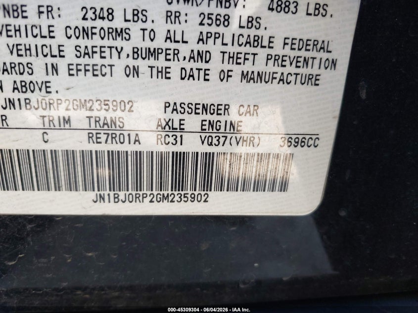 2016 Infiniti Qx50 VIN JN1BJ0RP2GM235902 IAAI salvage auction — NORMAL WEAR, Clear (Illinois), sold $1,150 on 2026-07-29 (photo 9)