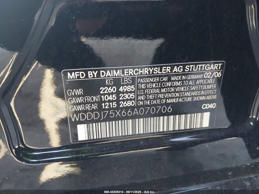 2006 Mercedes-benz Cls-class VIN WDDDJ75X66A070706 IAAI salvage auction — FRONT END, Salvage (Tennessee), sold $1,025 on 2026-07-15 (photo 9)