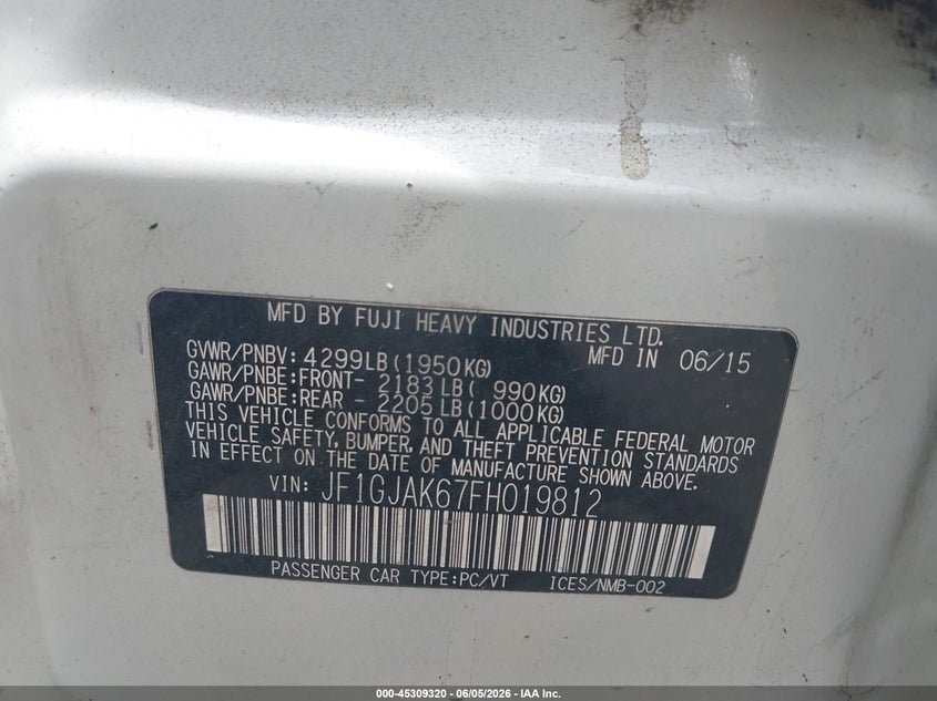 2015 Subaru Impreza VIN JF1GJAK67FH019812 IAAI salvage auction — LEFT SIDE, Salvage Title, sold $900 on 2026-07-14 (photo 9)