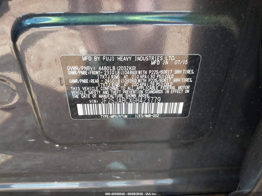 2016 Subaru Forester VIN JF2SJABCXGH423779 IAAI salvage auction — RIGHT FRONT, Salvage Title, sold $1,800 on 2026-07-06 (photo 9)