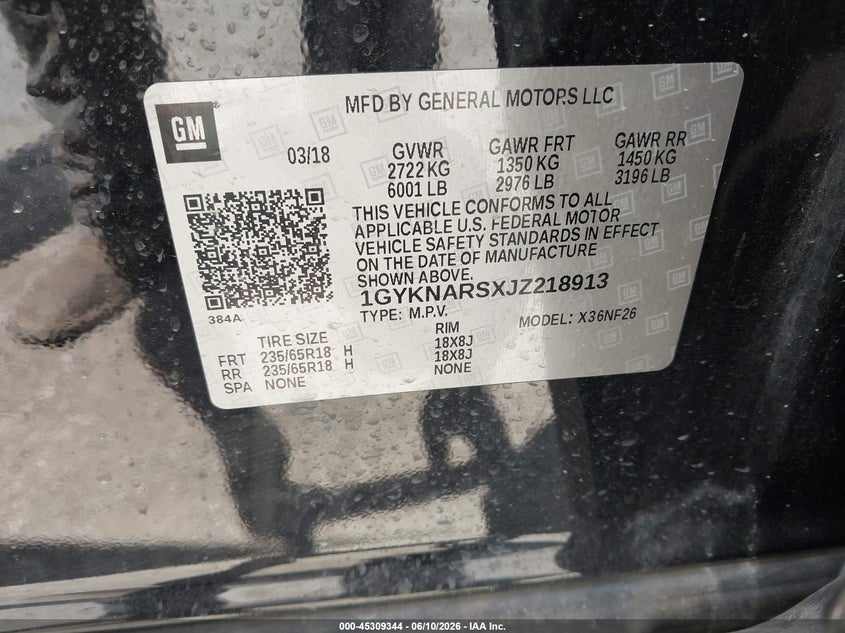 2018 Cadillac Xt5 VIN 1GYKNARSXJZ218913 IAAI salvage auction — HAIL, Original (Texas), sold $8,350 on 2026-08-19 (photo 9)