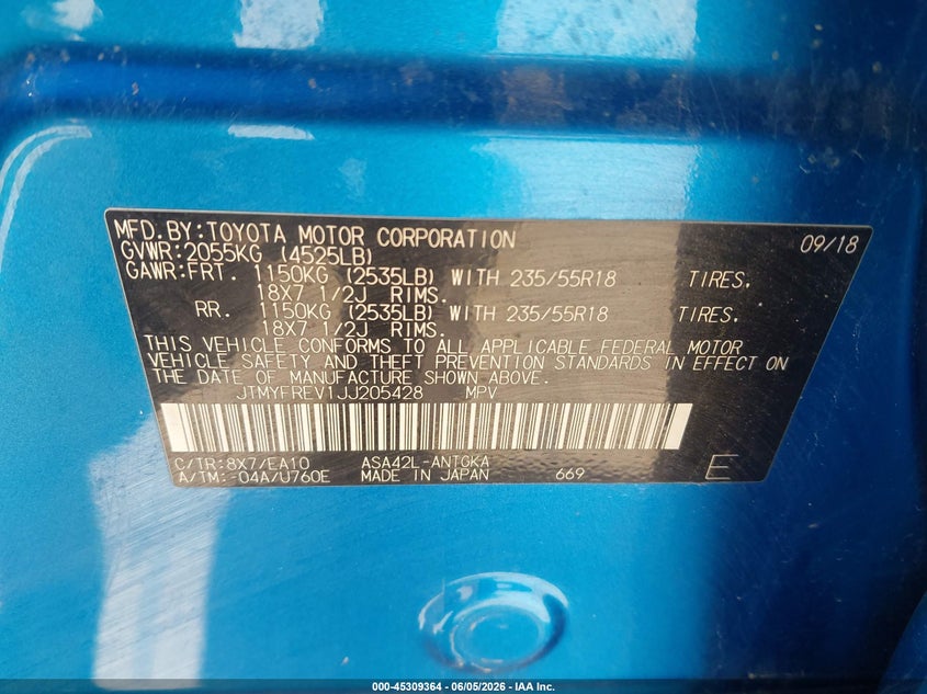 2018 Toyota Rav 4 VIN JTMYFREV1JJ205428 IAAI salvage auction — LEFT REAR, Salvage (Texas), sold $5,500 on 2026-07-28 (photo 9)