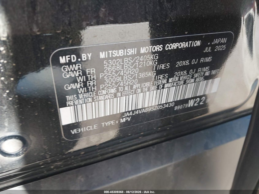 2025 Mitsubishi Outlander VIN JA4J4VA89SZ053430 IAAI salvage auction — FRONT END, Regular (South Dakota), sold $8,800 on 2026-07-21 (photo 9)