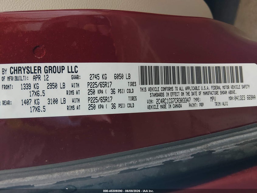 2012 Chrysler Town & country VIN 2C4RC1CG7CR303347 IAAI salvage auction — FRONT END, Certificate Of Title (Nebraska), sold $650 on 2026-07-22 (photo 9)