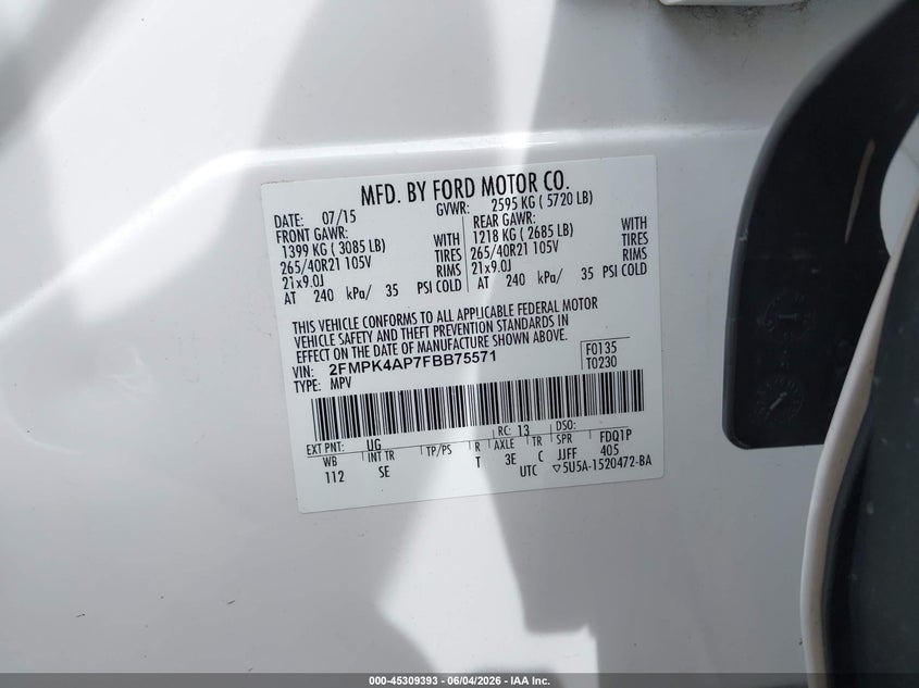 2015 Ford Edge VIN 2FMPK4AP7FBB75571 IAAI salvage auction — REAR END, Salvage Title, sold $2,000 on 2026-07-09 (photo 9)