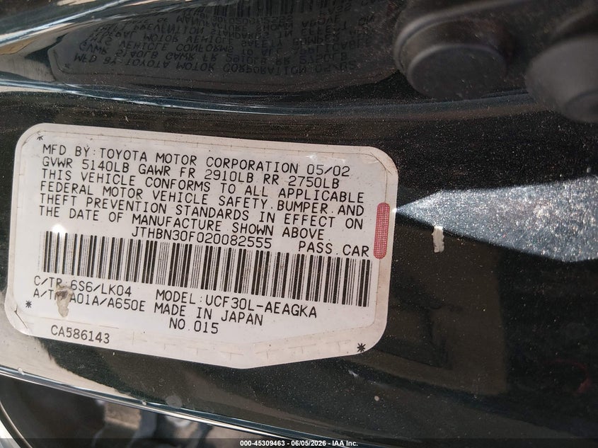 2002 Lexus Ls VIN JTHBN30F020082555 IAAI salvage auction — NORMAL WEAR, Clear (Maryland), sold $575 on 2026-07-22 (photo 9)