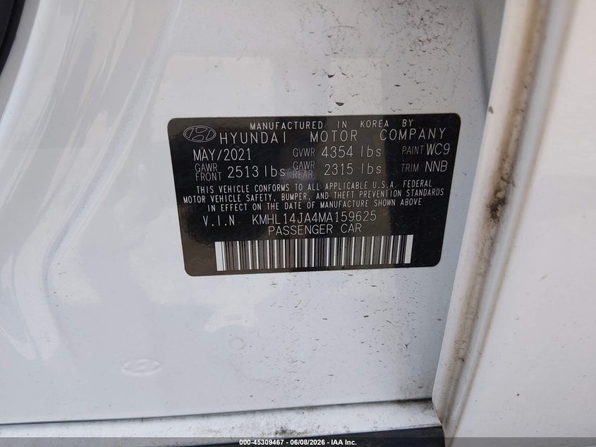 2021 Hyundai Sonata VIN KMHL14JA4MA159625 IAAI salvage auction — REAR END, Salvage Title, sold $6,500 on 2026-07-17 (photo 9)