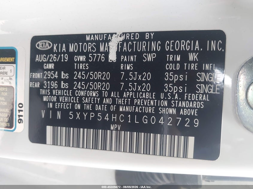 2020 Kia Telluride VIN 5XYP54HC1LG042729 IAAI salvage auction — FRONT END, Salvage Title, sold $4,250 on 2026-07-19 (photo 9)