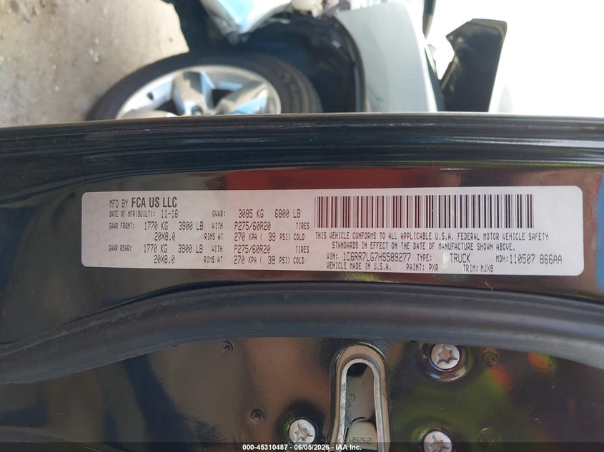 2017 Ram 1500 VIN 1C6RR7LG7HS589277 IAAI salvage auction — FRONT END, Salvage Title, sold $1,950 on 2026-07-29 (photo 9)