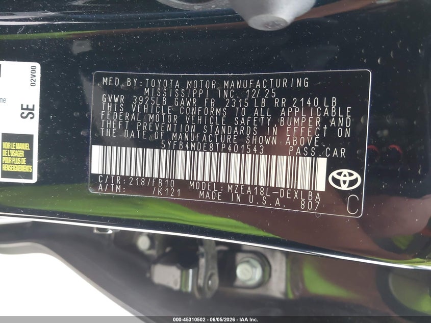 2026 Toyota Corolla VIN 5YFB4MDE8TP401543 IAAI salvage auction — LEFT REAR, Original (Texas), sold $8,050 on 2026-08-25 (photo 9)