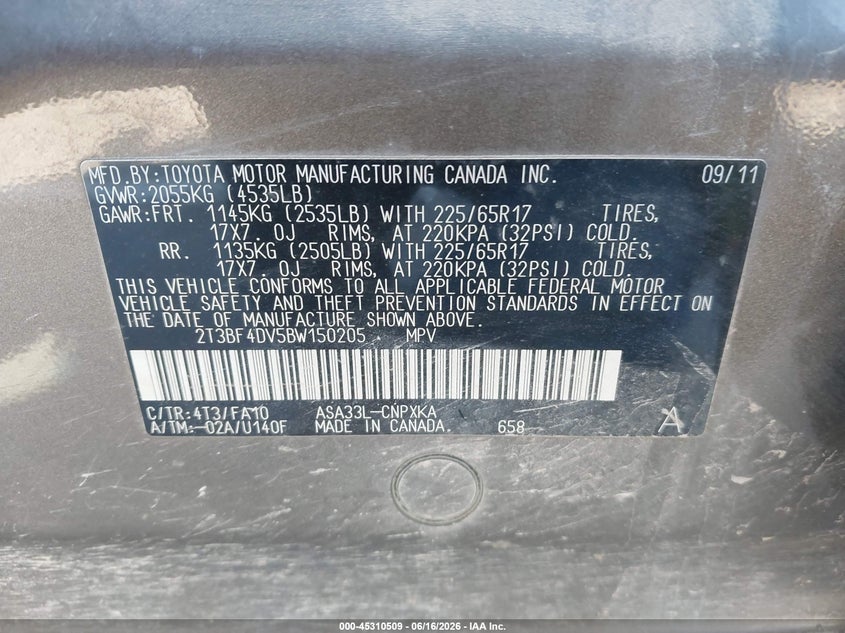 2011 Toyota Rav4 VIN 2T3BF4DV5BW150205 IAAI salvage auction — LEFT FRONT, Clear (Montana), sold $1,250 on 2026-07-09 (photo 9)