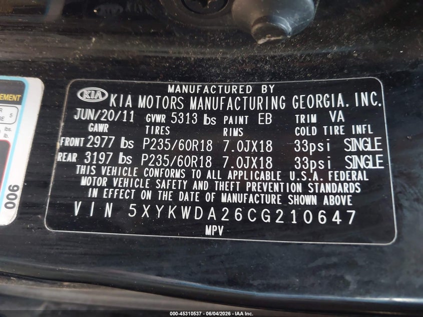 2012 Kia Sorento VIN 5XYKWDA26CG210647 IAAI salvage auction — RIGHT FRONT, Clear (Illinois), sold $575 on 2026-07-15 (photo 9)