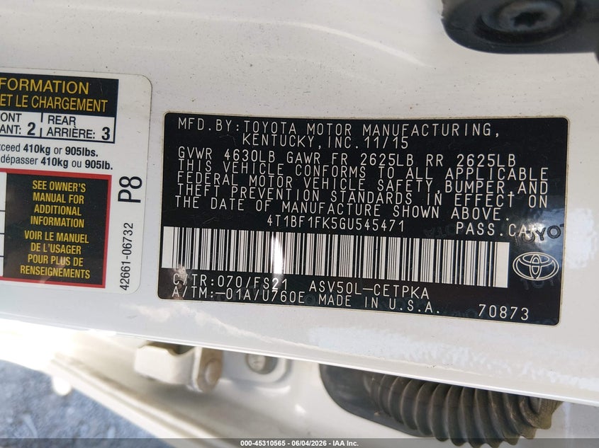 2016 Toyota Camry VIN 4T1BF1FK5GU545471 IAAI salvage auction — UNKNOWN, Salvage Title, sold $4,700 on 2026-07-02 (photo 9)