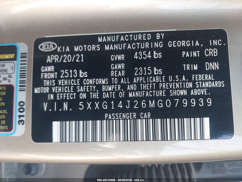 2021 Kia K5 VIN 5XXG14J26MG079939 IAAI salvage auction — FRONT & REAR, Salvage Title, sold $25 on 2026-07-24 (photo 9)