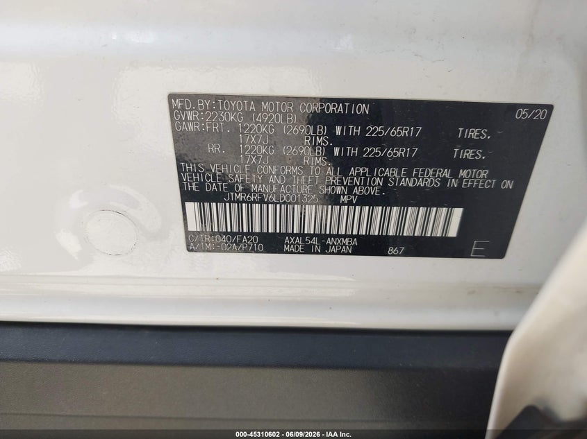2020 Toyota Rav 4 VIN JTMR6RFV6LD001325 IAAI salvage auction — FRONT END, Salvage Title, sold $10,900 on 2026-07-08 (photo 9)