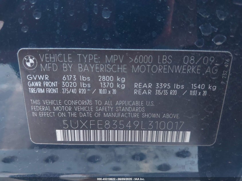 2009 BMW X5 VIN 5UXFE83549L310017 IAAI salvage auction — RIGHT FRONT, Salvage (Arizona), sold $1,800 on 2026-07-14 (photo 9)
