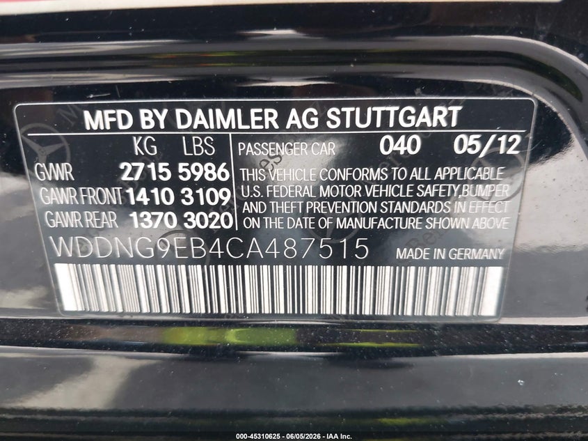 2012 Mercedes-benz S-klasse VIN WDDNG9EB4CA487515 IAAI salvage auction — FRONT END, Salvage Title, sold $3,175 on 2026-07-14 (photo 9)