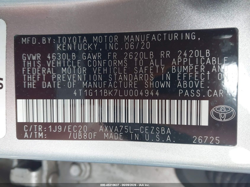 2020 Toyota Camry VIN 4T1G11BK7LU004944 IAAI salvage auction — RIGHT REAR, Salvage Title, sold $7,000 on 2026-07-30 (photo 9)